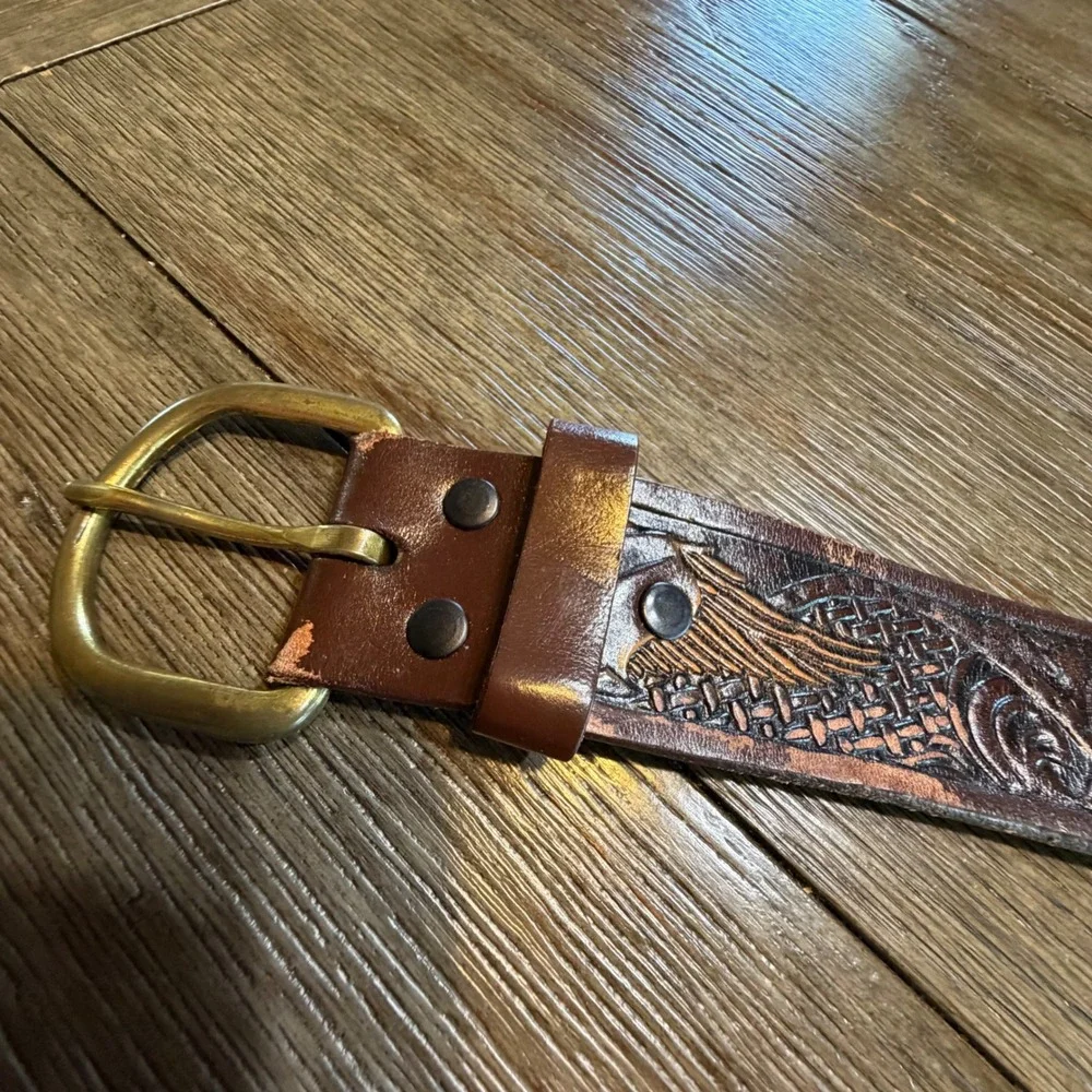 Mens Brown Tooled Genuine Leather Western Eagle Belt Size 44 KM627 Mexico